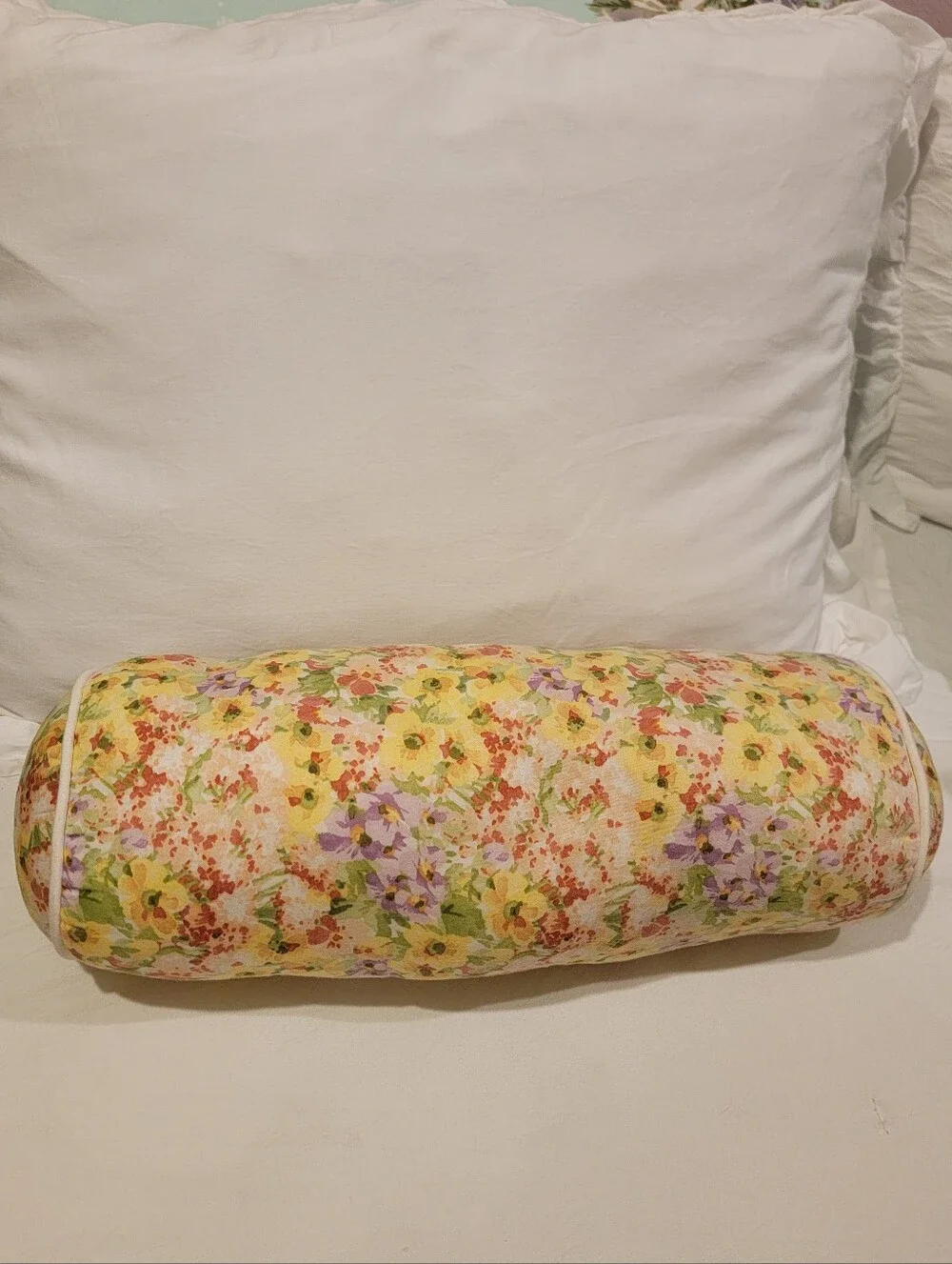 Floral Bolster Pillow in Yellow and Lavender – Decorative Home Bedding